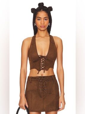 AFRM Brown Lace-Up Suede Crop Top